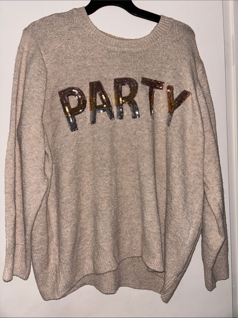 Sequin "PARTY" Beige Pullover Sweater Can be worn as OVERSIZED
